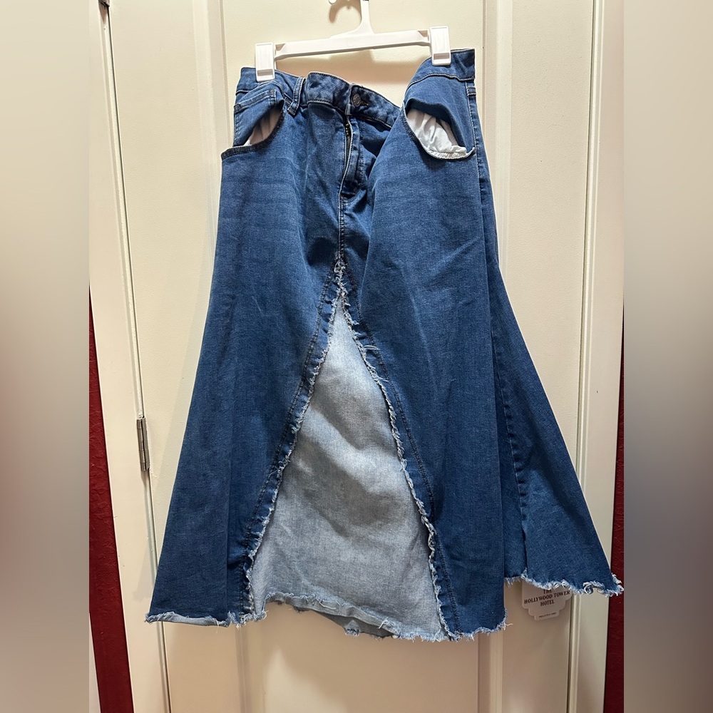Y2K Style Denim A-Line Frayed Panel Skirt - Blue 22W